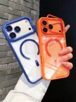 Capa Premium Borda Colorida Magsafe Linha 17 com Suporte na Camera e Película de Lente