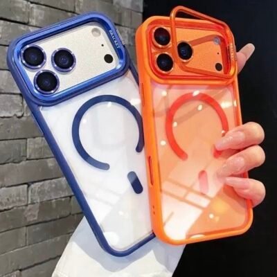 Capa Premium Borda Colorida Magsafe Linha 17 com Suporte na Camera e Película de Lente