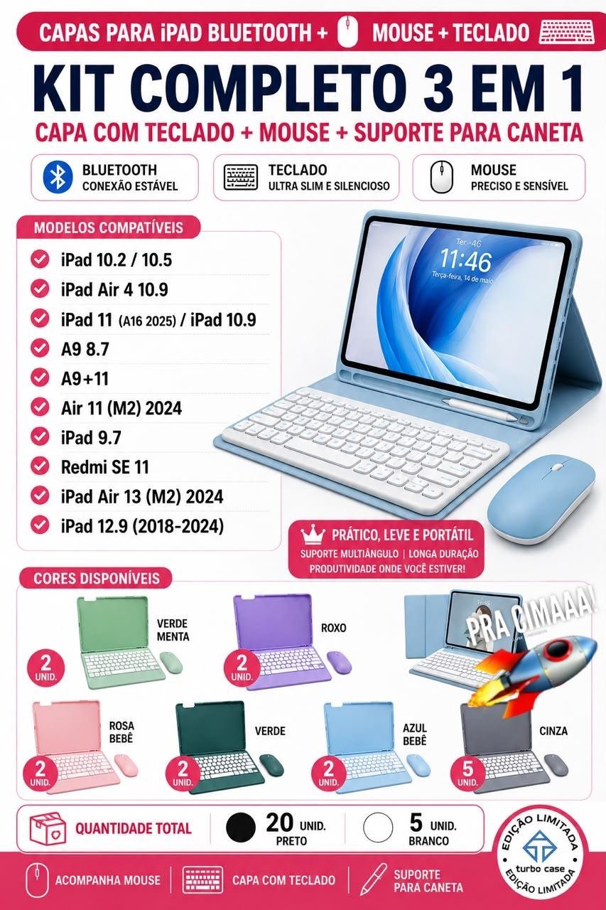 6afd1b8a-53c4-4884-b5a1-397cdb27059c Capa Smart Bluetooth com Teclado e Mouse para iPad/Tablet - Imagem 1