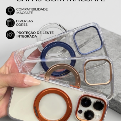 Capa Premium Simples Metálica Linha 17 com Suporte MagSafe  e Película de Camera