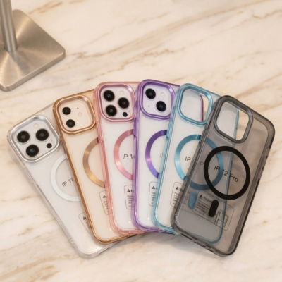 Capa Clear Transparente Borda Colorida MagSafe Metalizada na Câmera