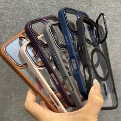 Capa Premium Borda de Couro com MagSafe Suporte na Câmera e Película de Lente de Câmera