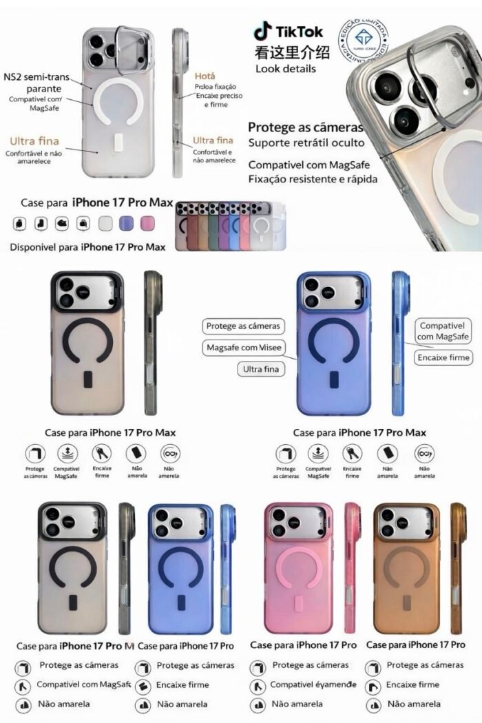 Capa Premium Holográfica Linha 17 Magsafe com Suporte na Câmera e Película de Lente - Imagem 4